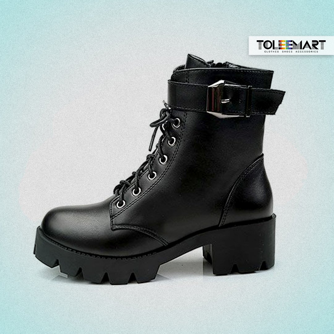 Women Black High Cut Military Boots Retro High Heels Thick Winter Boots ...