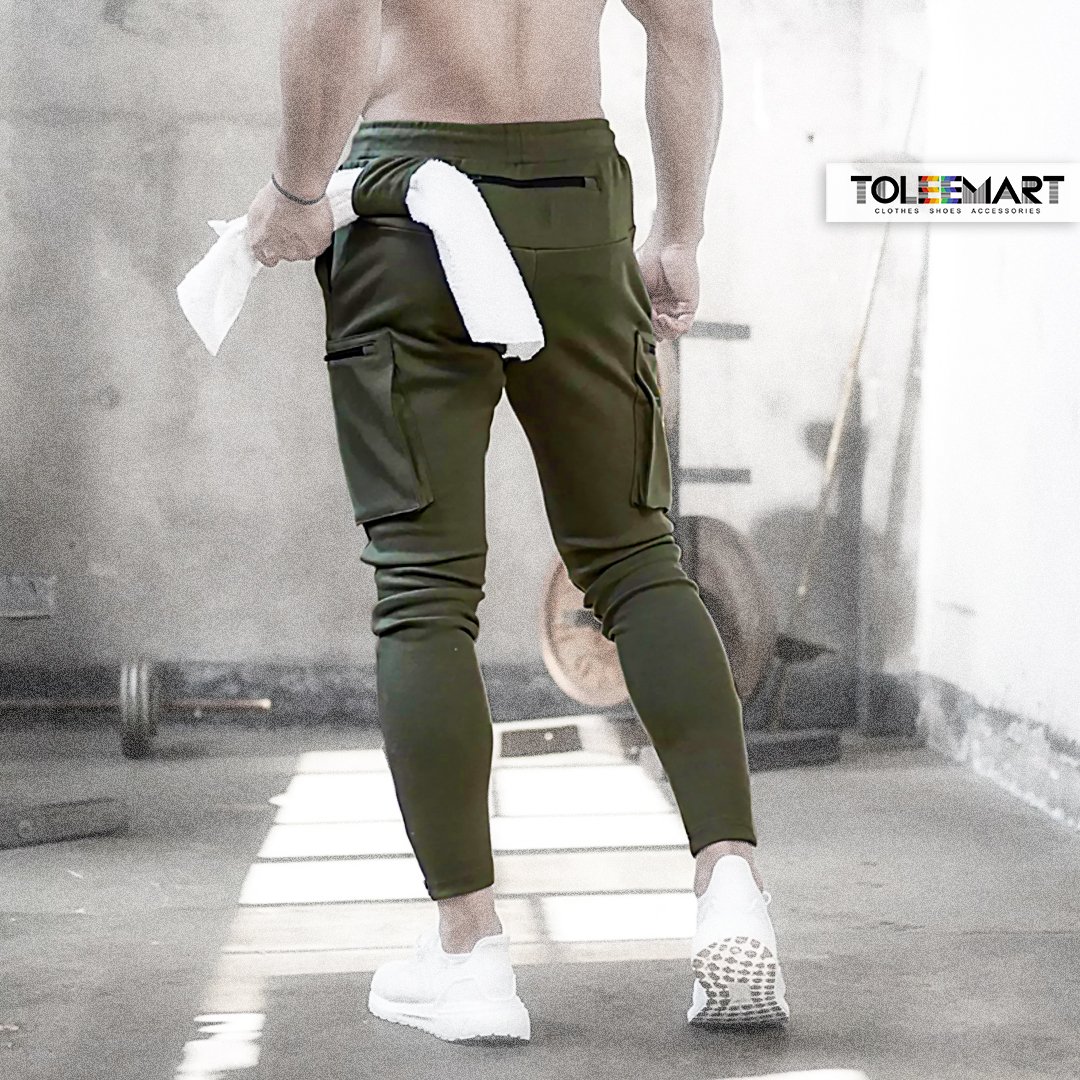 Men Sport Cotton Slim Straight Trousers Long Multi-pocket zip-up ...
